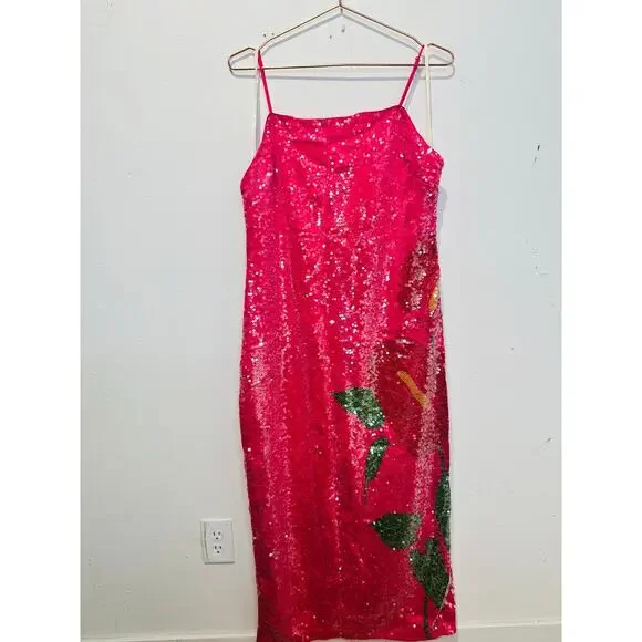NWT FARM RIO Pink Tropical Leafs Anthurium Floral Sequined Maxi Slip Dress L